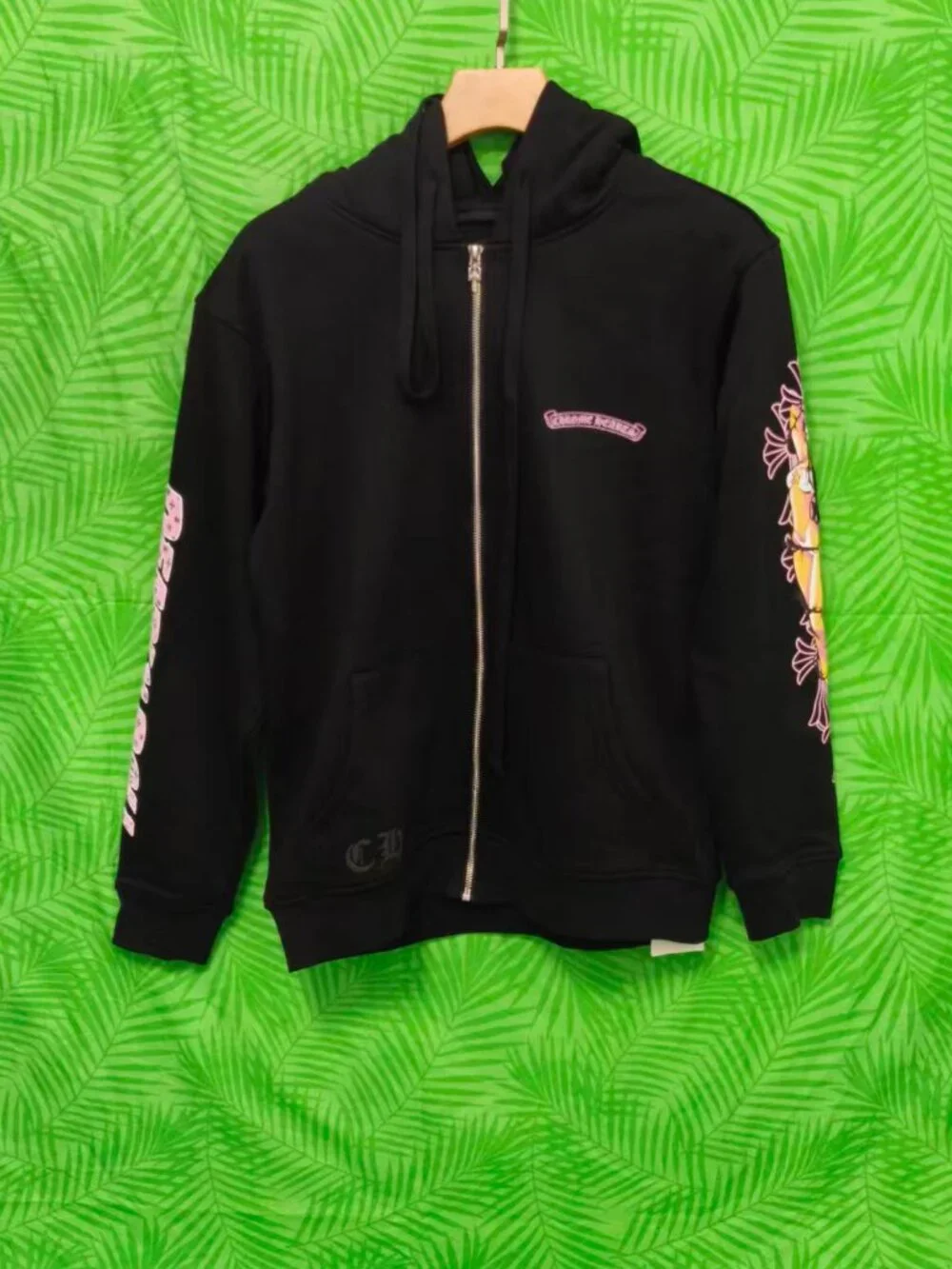 New Chrome Hearts Black Full Zip Hoodie Pink Cross Print Unisex